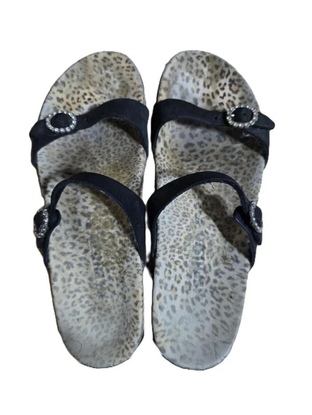 Mephisto Double Strap Leather Sandals With Rhinestone Buckles